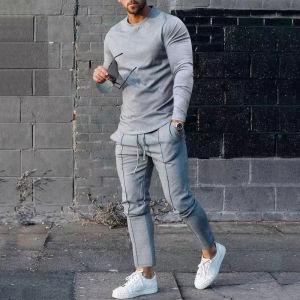 Men’S Autumn 2 Piece Suits Solid Color O Neck Long Sleeve Shirts Long Pants Sets Homewear Winter Warm Basic Male Slim Fit Sets