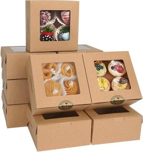 KINGREE 25pcs Cake Boxes6x6x3. Inches Square Bakery Boxes with Window Cajas Pasteles for Cake Pastries Chocolates Cookies Pie Birthday Party Wedding Easter(Brown)