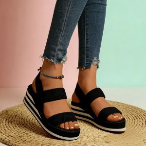 [Free Shipping] Plus-Size WomenS Sandals Eva Thick-Soled Black And White Striped Wedge Sandals Roman-Style WomenS Thick-Soled Fashion Sandals