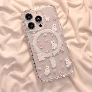 เคสชาร์จไร้สายแม่เหล็กแมวน่ารักแบบเกาหลีพร้อมที่จับสำหรับ Iphone 16 Pro Max 15 ProMax 16E 15 plus 14 13 12 11 XS XR X 8 8P 7 7p Magsafe ฝาครอบซิลิโคนอ่อนชัดเจน