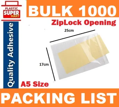 【PACKING LIST】BULK BUY 1000 [17cm x 25cm] Zipper Resealable Adhesive Clear Envelopes | Waterproof Plastic Poly Shipping labels Peel and Seal Zip Pouches Bag for protecting invoices receipts and documents mailing packing Slip