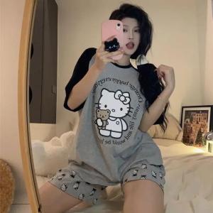 2Pcs Summer Sanrio Hello Kitty Womens Sleepwear Suit Short Long Casual Cartoon Womens Pajamas Homewear Comfortable Pajamas