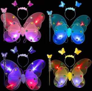 BYS 3Pcs Fairy Princess Kid Butterfly Costume Set Wing Wand Headband Birthday Party Costume Tadika Persembahan Kanak Kanak Kid Girl Christmas Costume 儿童发光蝴蝶翅膀