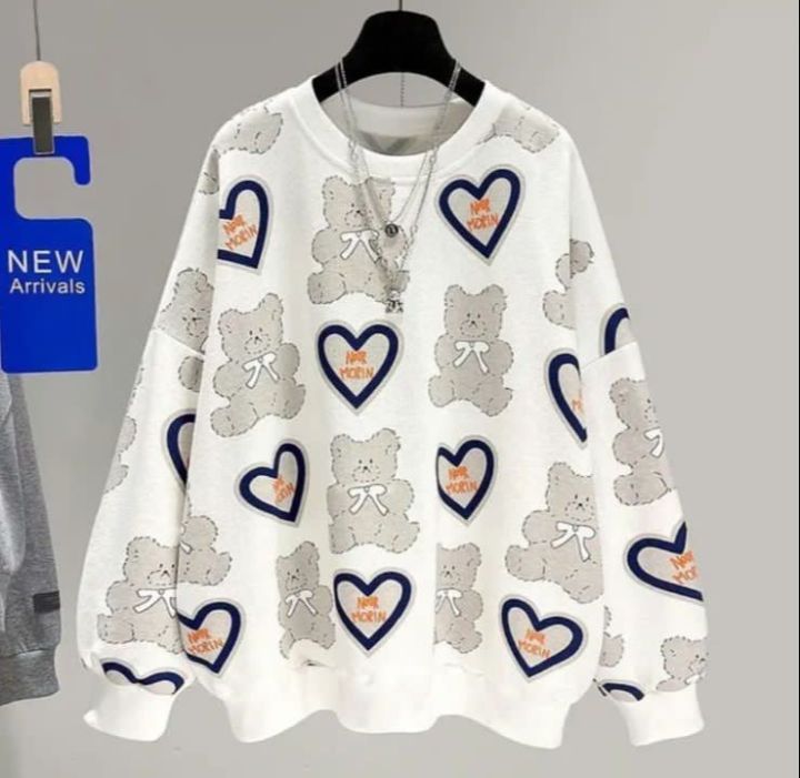 LOVE BEAR FULL PRINT CREWNECK OVERSIZE OBLONG SWEATER WANITA FULL