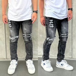 Celana Jeans Black Whisker Scrap Denim Panjang Pria Stretch Slimfit Ripped Sobek Lutut