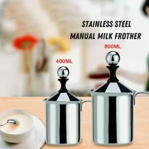 [400ml/800ml ] Stainless Steel Milk Frother Hand Pump Creamer Manual Double Mesh Milk Frother