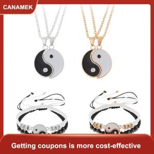 【CANAMEK 】 2Pcs Tai Chi Yin Yang Couple Bracelets Necklaces Set Pendant Adjustable Braid Chain Bracelet Matching Lover Bracelets Choker