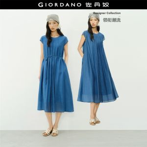 Giordano Women Round neck tie waist pleated midi dress Free Shipping 18466219