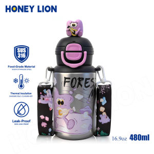 Aesthetic 480ML 316 Stainless Steel Insulated Water Bottle 24H Cold One-Click Pop Up Straw Tumbler Leakproof Adjustable Strap- HoneyLion