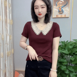 Womens T-shirt Fashion Summer Solid Color Temperament Lace Collar Short Sleeved Top