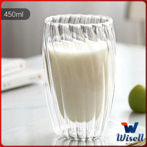 Wisell พร้อมส่ง ถ้วยกาแฟสองชั้น จีบรอบใบ ถ้วยน้ำผลไม้สไตล์แฟชั่น 250ml 350ml 450ml Creative glass