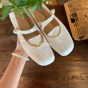 Tuberose National Style New Chinese Pearl with Square Toe Jacquard Mary Jane Single Shoes Heel Womens Shoes
