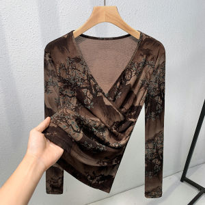 ali Brown Design Mesh Top High-Grade 2024 New Autumn Long Sleeve v Collar T Womens Tie-Dyed T-shirt Thin Bottoming Shirt