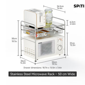 Stainless Steel Microwave Shelf Rack | 2-Tier Counter Organizer with Slide-Out Drawer | 50cm 60cm