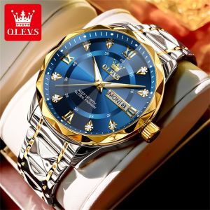 OLEVS Mens Watch Waterproof Original Luxury Stainless Steel Prismatic Diamond Dial Business Fashion Dual Calendar Luminous