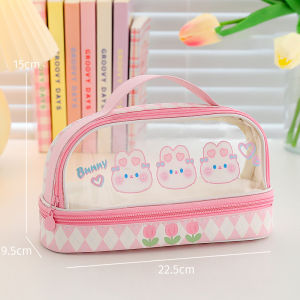 Cartoon large-capacity pencil case kawaii double-layer transparent portable pencil bag girl makeup storage bag learning stationery office supplies storage gift desktop decoration