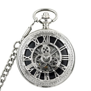 <1207> Automatic Gear Transparent Bottom Classic Roman Double Display Flip Mechanical Pocket Watch R Men and Women Student Old Watch