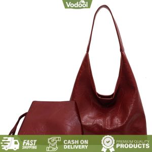 [VSC] Women Leather Shoulder Bag Versatile Soft Underarm Bag Casual Hobo Bag and Clutch 2pcs Shoulder Bag and Handbag Set Shopping Bag