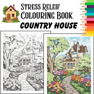 Country House Coloring Book Buku Mewarna Dewasa Beautiful Houses surrounded by blooming Flowers.