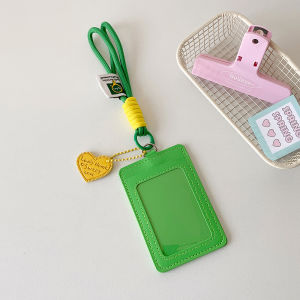 Solid Color PU ID card holder Korean version with heart-shaped pendant dual card slots for work ID student access card bus card meal card