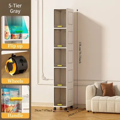 Slim Rolling Storage Cabinet with Clear Doors - Narrow Space Saving Organizer Box for HDB Kitchen Bathroom Pantry