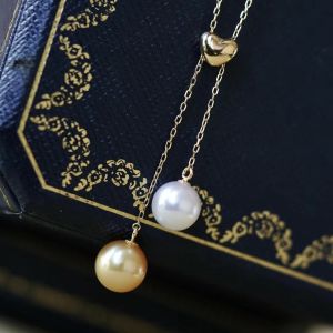 Montagne Jewelry 18K Pure Gold Necklace Love Heart Design Fine Jewellery Natural 6.8-7.3mm Seawater Pearl Pendant Y Necklace
