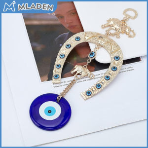 MLADEN Blue Glass Eye Amulet Horseshoe with Elephant Ribbon Ethnic Wall Hanging Lucky Pendants Wind Chimes Home Car Decoration