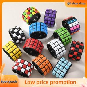 ✨QK shop✨ 18 Color Punk Hip-Hop Three Rows Of Square Rivets PU Leather Big Wide Bracelet For Male Female Buckle Wristband Vintage Jewelry