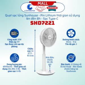 Quạt sạc lửng Sunhouse SHD7221 - Pin Lithium 4500mAh Thời gian sử dụng từ 3-8h - Hàng chính hãng