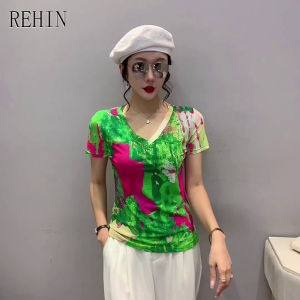 REHIN Womens top Summer fashion mesh print floral short-sleeved T-shirt V-neck slim and thin elegant S-3XL  blouse