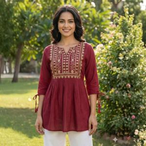 Womens Cotton Embroidered Pleated Peplum Kurti Top