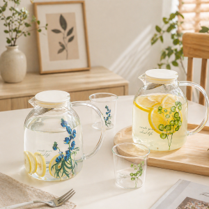 Locaupin Heat Resistant Borosilicate Glass Pitcher & Cups Set Fruit Tea Lemon Water Glass PitcherGlass Teapot
