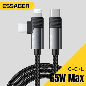 Essager PD65W 2 in 1 Type C PD29W Lightning Cable C-C C-L Wire For iPhone16 15 14/13/12/11/10/9/8/7/6/5 Macbook Air iPad Apple Watch AirPods For Huawei Mate 60 Xiaomi 14 Mobile Type C Charging Phone Tablet Laptop Data Cord
