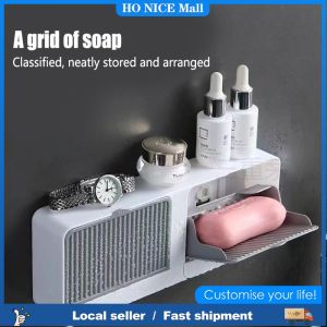 Double Soap Box Wall Mounted Vertical 2 Grid Flip Lid Punch-Free Soap Holder with Drain Soap Dish