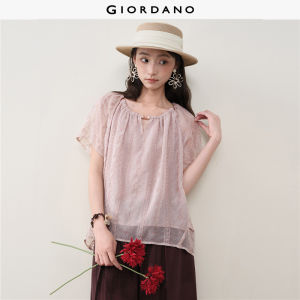 Giordano Women Washed embroidered chiffon short sleeve blouse Free Shipping 18346807