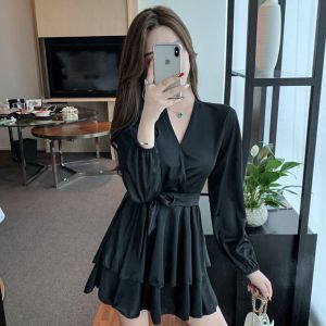 Newlan LK003 Casual Dress Wanita  Gaya Korea Lengan Panjang Warna Hitam dan Merah Mini Dress Scuba Sella