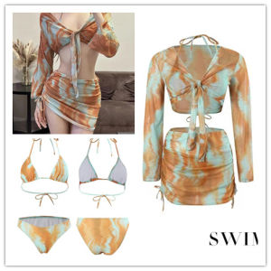 40-68kg ชุดว่ายน้ำ 4 ชิ้น bikini+เสื้อคลุม+ผ้าคลุม ลายมัดย้อมสีคราม 0713 2393