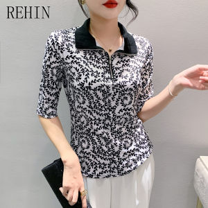 Rehin cổ cao Áo thun in da báo thường xuyên Áo Sơ Mi Ngắn Tay Knit đi lại đa năng cơ bản Áo cánh nữ