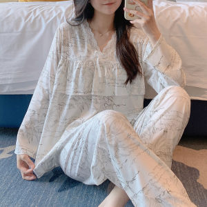 Cotton and Silk Sleepwear for Women Spring New Plus Size Sweet Countryside Style Long Sleeved Long Pants Pajama Loose Home Suit Set