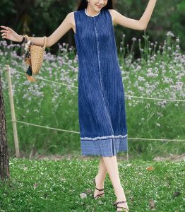 Aiden001 7022 Girly Dress Summer Womens Denim A-Line Skirt Round Neck Sleeveless Pleated Dopamine Vest Long Skirt Average Size