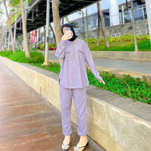 CARLINA – Set Drop Poly Knit Kemeja OOTD dan Celana Kargo Best Setelan Cargo Wanita