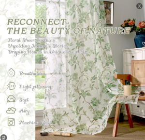 SRUE 1pc Elegant American country Printed lace curtain for Window 5.2/7.2ft With Ring