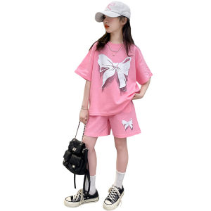 Beryl kids🌸ชุดเด็กผู้หญิง🎀ชุดโบว์แขนสั้นฤดูร้อน 2 ชุดกีฬาลําลองพิมพ์ลายแฟชั่นฤดูร้อนสองชิ้น