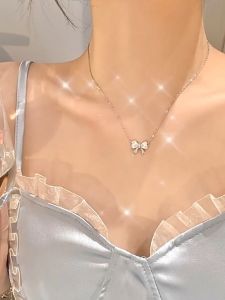 Rantai Leher Cat Eye Bow Titanium Steel Necklace Elegant Clavicle Necklace Non‑Fading Minimalist