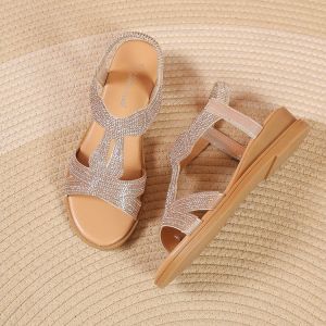 [Free Shipping] WomenS Summer Wedge Sandals With A Wide Strap Design Featuring Rhinestones Fashionable And Casual And Trendy On