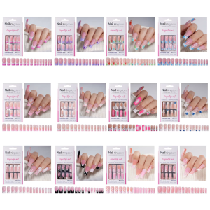 30pcs Long Square French Tip Press On Nail Glossy Acrylic False Nail Full Cover Stick on Nail For Women and Girls
