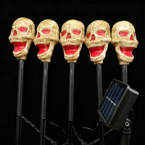 5 in 1 Spooky Halloween Skeleton Lights Outdoor Solar Powered Skull Stakes Waterproof Warm LED Pathway Yard Garden Decor Luminous Lamps For Party Scary Atmosphere