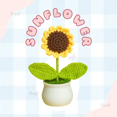 Korean Knitting Crochet Flower Sunflower Rose Tulip In White Pot Plant for Birthday Event Gift Graduation Decoration