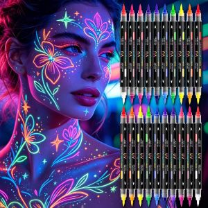 Bộ 10 bút vẽ màu neon UV hai đầu dùng để vẽ trên mặt và cơ thể có thể rửa sạch an toàn cho da phát sáng trong bóng tối thích hợp cho các buổi tiệc Halloween lễ hội rave hóa trang và trang điểm nghệ thuật (20 màu 10 bút).