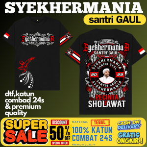 (SMA02)KAOS MAJELIS SYEKHERMANIA"SANTRI GAUL"LENGAN PENDEK UKURAN ANAK DAN DEWASA"FREE STIKER"